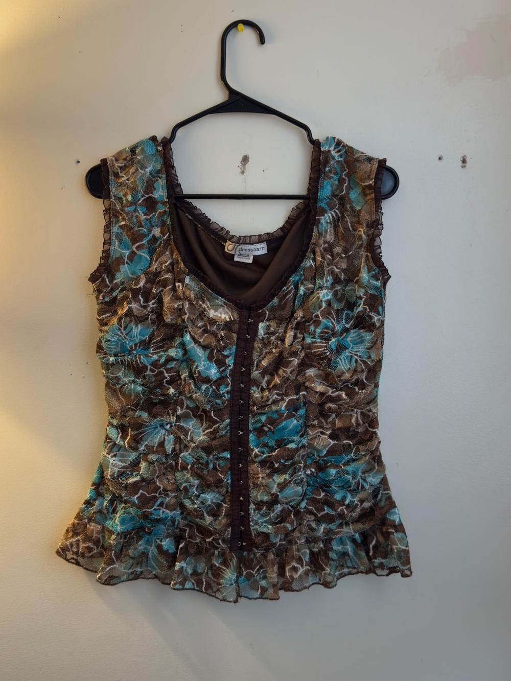 dressbarn Brown Floral Ruffle Sleeveless Camisole with Teal Accents